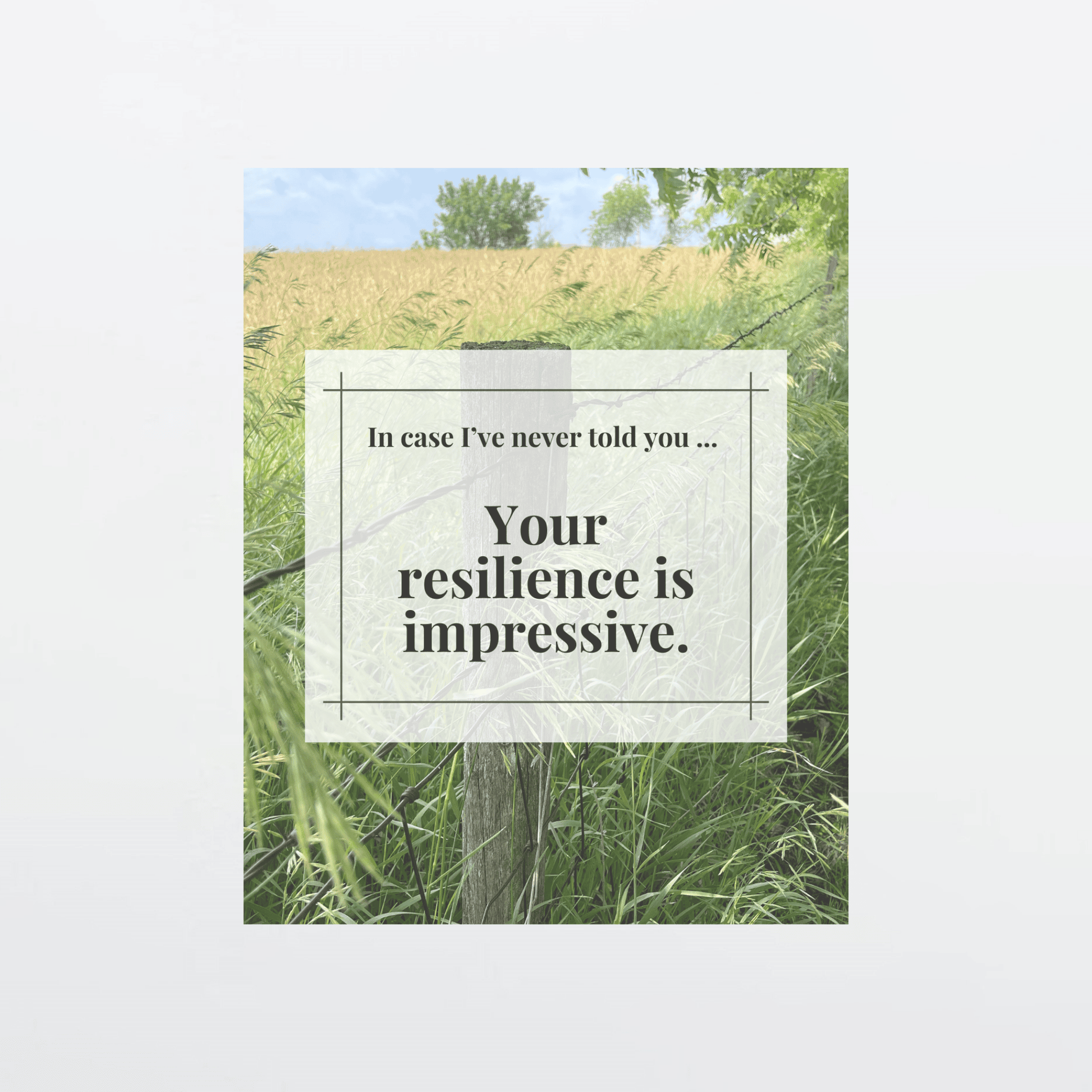Supportive digital greeting card with encouragement message, barbed wire fence background, and gray border, optimized for mobile texting